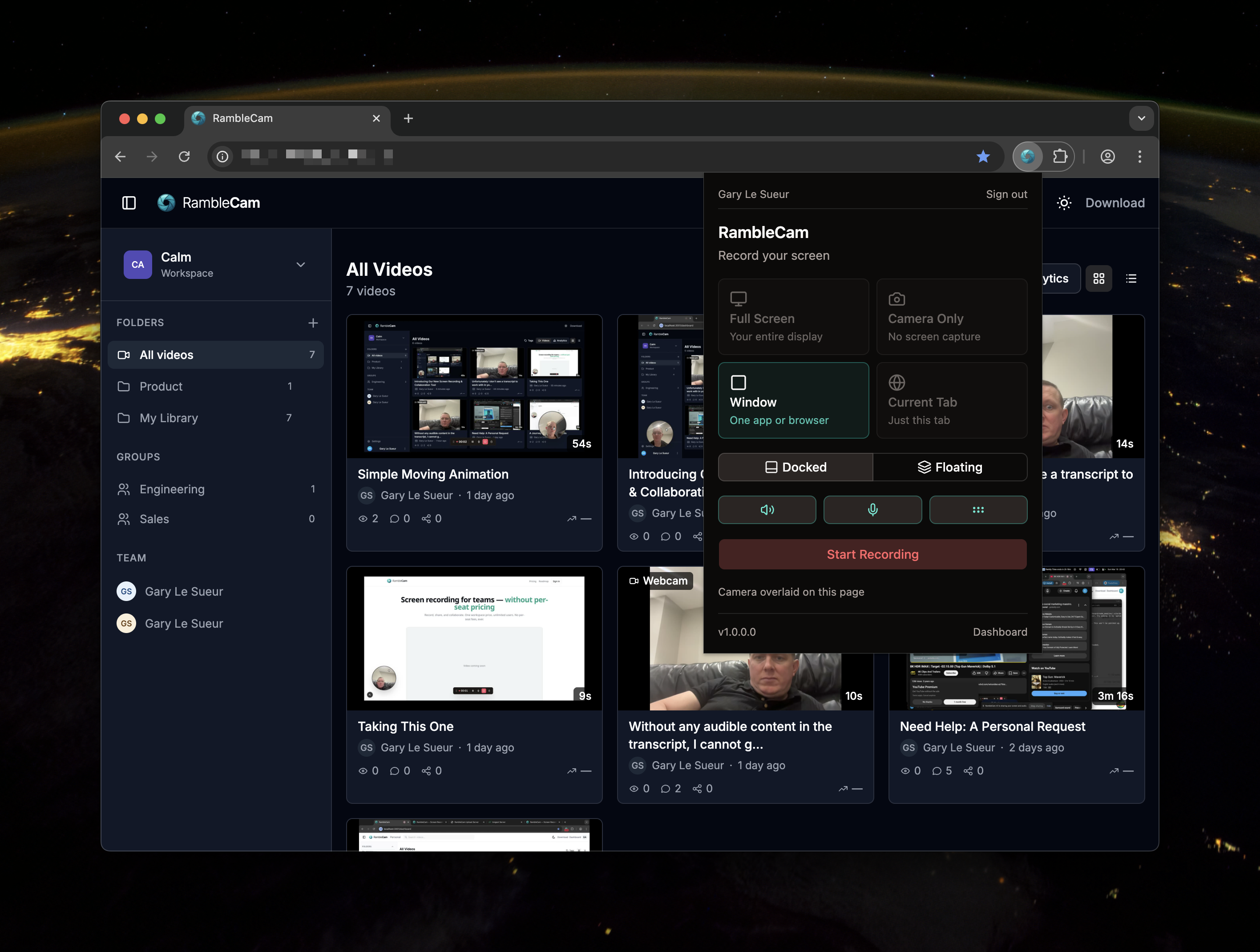 RambleCam dashboard and recording controls